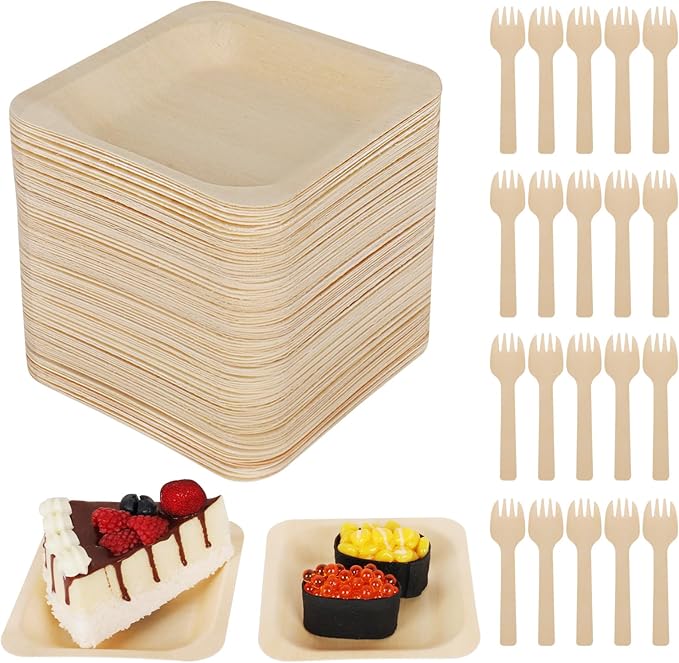 100 Pcs Disposable Palm Leaf Bowls, Square Bamboo Appetizer Plates, Compostable Wood Plates with Bamboo Forks for Birthday Wedding Party, Dessert, Catering and Home Use (4.4 x 4.4x0.5 Inch)