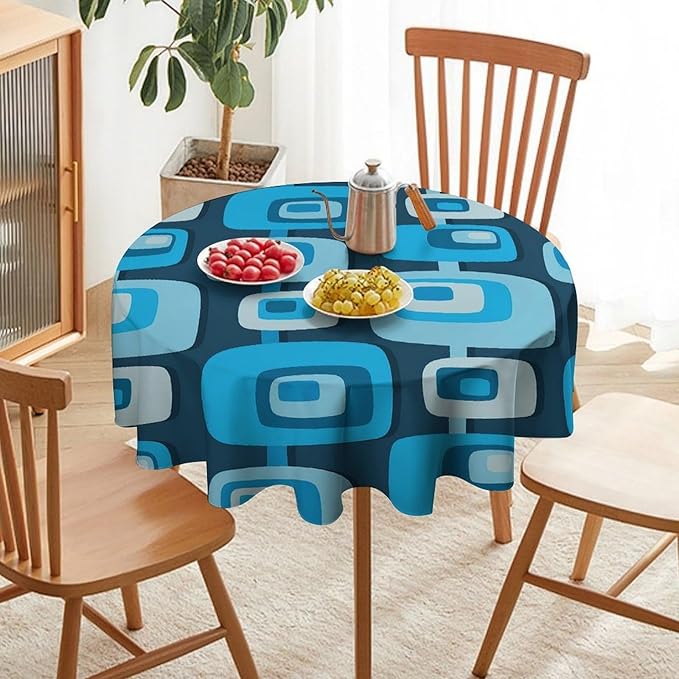 Mid Century Boho Round Tablecloth, Blue Mid Century Modern Art Abstract Geometric Pattern Retro Vintage Style Tablecloth for Home Party Dining Room Kitchen Decor 60Inch(152cm)