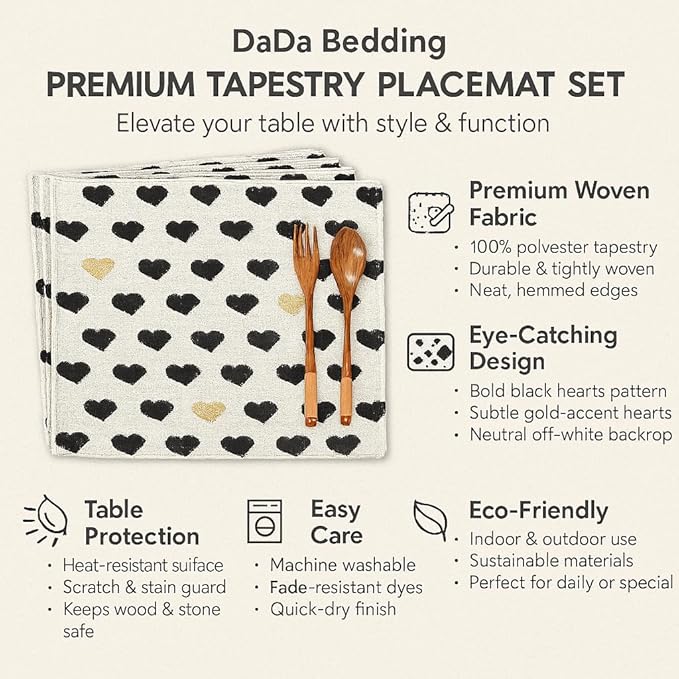 DaDa Bedding Woven Tapestry Heart Placemats – Set of 4 – Black & Gold Heart Pattern Table Mats for Dining Room – Rustic Farmhouse Valentine’s Day Decor & Everyday Kitchen Table Setting – 13" x 19"