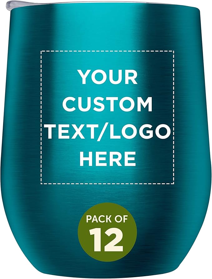 Custom Stemless Wine Glass Tumblers with Lids by Largo 11 oz. Set of 12, Personalized Bulk Pack - Perfect for Wine, Cocktails, Other Hot & Cold Beverages - Teal