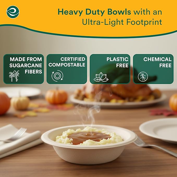ECO SOUL 100% Compostable 12 Oz Soup Bowls [100-Pack] Disposable Sturdy Bowls I Heavy Duty Paper Bowl I Eco-Friendly Salad Bowl I Biodegradable Small