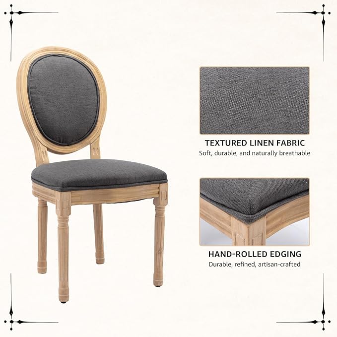 Vintage French Dining Chairs Set of 8, Round Back Accent Chairs with Linen Seat and Solid Wood Frame, Farmhouse Sillas de Comedor Upholstered for Dining Room & Kitchen, Gray