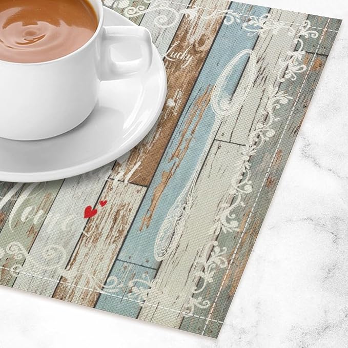 Vintage Farmhouse Placemat Set, Green Blue Rustic Wooden Plank Art Sketch Cutlery Knife Fork Inspirational Quotes Pattern Home Decor Linen Table Mats for Dining Room Kitchen Party (17x12in) x4P