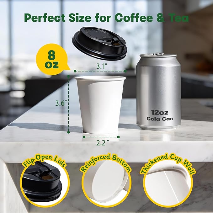 300 Pack 8 oz Disposable Coffee Cups with Lids, Leak-Proof To Go Coffee Cups for Hot/Cold Beverages, Disposable White Paper Cups with Lids for Home Parties, Office, Travel and Events
