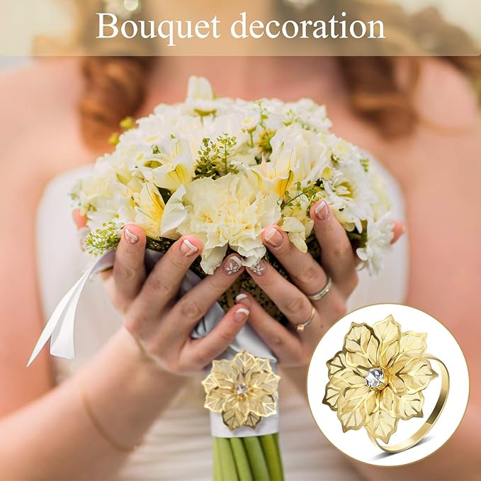 Hotop 50 Pcs Gold Napkin Rings Flower Napkin Holders Buckles Hollow Out Rhinestone Christmas Delicate Serviette Buckles for Thanksgiving Party Gathering Dinner Wedding Banquet Holiday Table Decor