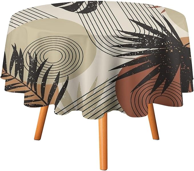 Boho Medieval Abstract Leaves Round Tablecloth, Mid Century Modern Bohemian Style Print Tablecloth for Home Party Dining Room Kitchen Decor 36Inch(90cm)
