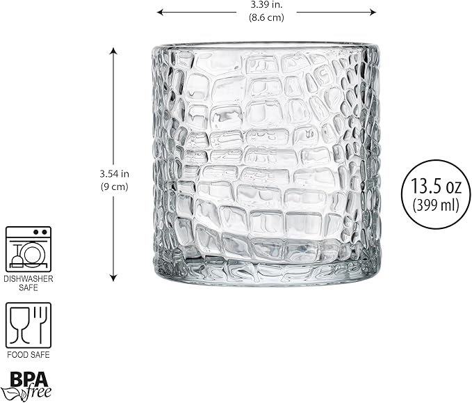 Glaver's DOF Set of 4 Clear 13oz Drinking Glasses Patent Crackle Textured Design Double Old Fashioned Whiskey Glasses Home Everyday Bar Glassware