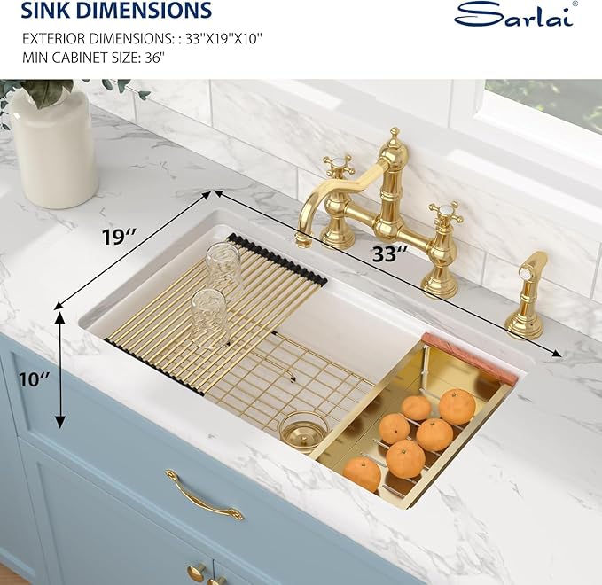 Sarlai 33 Inch White Undermount Sink Workstation - 33 x 19 Inch White Kitchen Sink Drop In Single Bowl Ledge Workstaion Topmount Sinks Fireclay Ceramic Sinks Basin With Gold Accessories