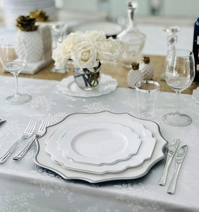 " OCCASIONS " 240 Plates Pack (120 Guests) Heavyweight Wedding Party Disposable Plastic Plates Set -120 x 10.5'' Dinner + 120 x 8'' Salad/Dessert Plate (Imperial in White & Silver Rim)