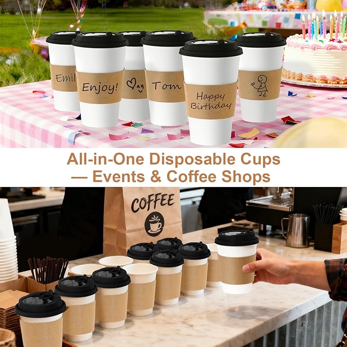 12 oz 100 Pack Coffee Cups with Lids and Sleeves, Straws, Hot Disposable To Go Travel Paper Cups Bulk for Office, Home Coffee Bar Accessories, Chocolate, Cocoa, Beverage (White)