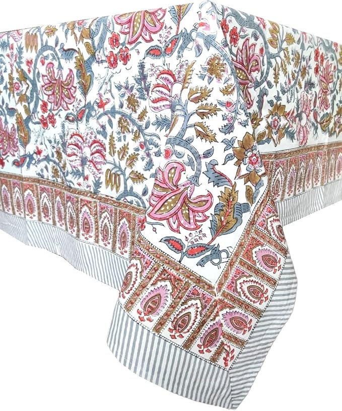 ATOSII Eden 100% Cotton Tablecloth, Handblock Floral Print Rectangle Linen for Kitchen Dining I Parties Wedding Christmas Thanksgiving Outdoors I Spring Summer 60 X 90 Inches I 6 Seater Table