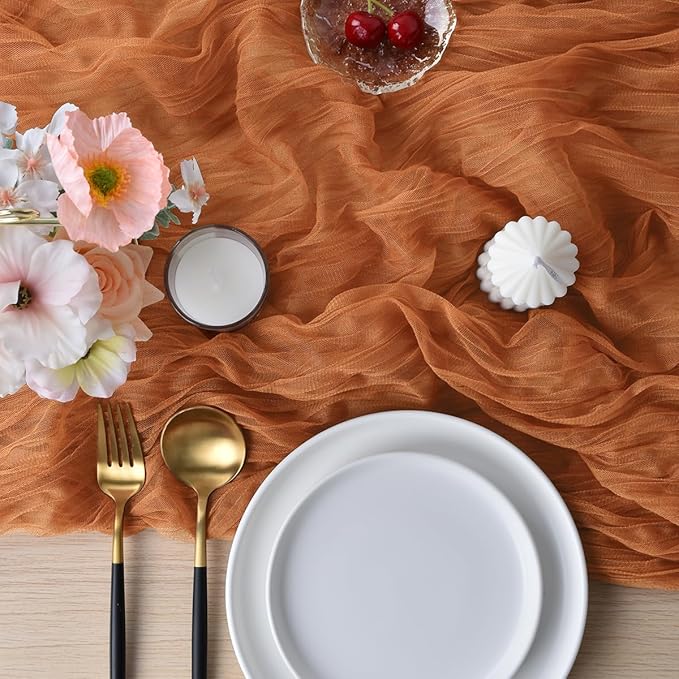 Joanlody Terracotta Cheesecloth Table Runner Fall Thanksgiving 10Ft Rustic Gauze Boho Cheese Cloth Table Runner for Wedding Bridal Baby Shower Decoration 4 Pack