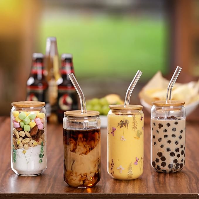 2 Pack Glass Cups with Bamboo Lids and Straws 16 oz, Gifts for Women, Drinking glasses set, Iced Coffee, Tea Cup, Cute Aesthetics Tumbler Cup, Mothers Day, Birthday Gifts for Her Mom
