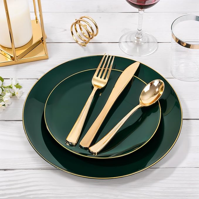 Nervure 100Pcs Green and Gold Plastic Plates - 7.5inch Disposable Green Dessert/Salad Plates - Heavy Duty Plastic Plate Ideal for Wedding & Party