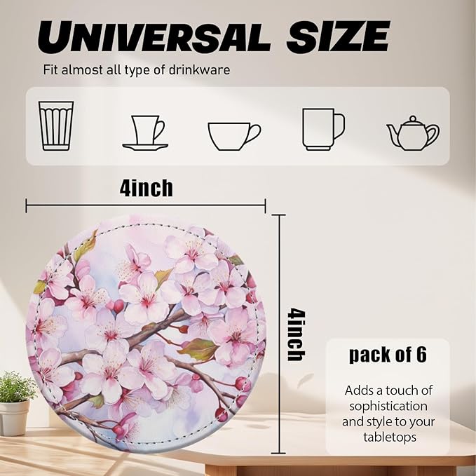 Coasters for Drinks PU Leather,Set of 6 with Holder,Round Housewarming Gift Home Decor,Cherry Blossoms with Pink Petals
