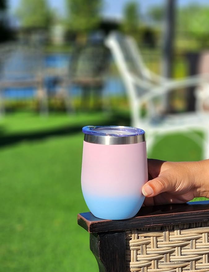 CHILLOUT LIFE 12 oz Stainless Steel Wine Tumblers 4 Pack - Double Wall Vacuum Insulated Wine Glasses Cups with Lids and Straws Set Keeping Cold & Hot for Coffee, Beer, Ice Cream - Powder Coated