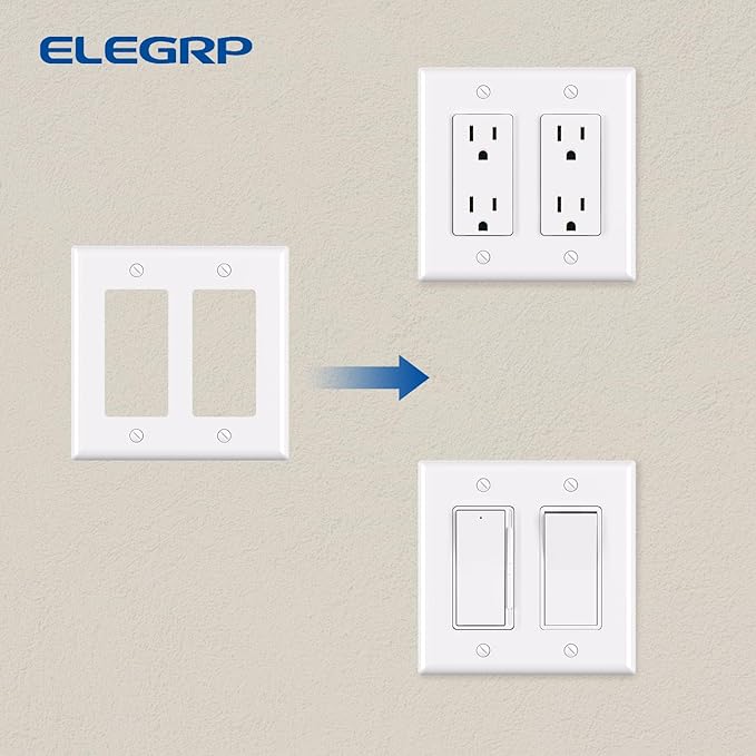 ELEGRP 2-Gang Decorative Wall Plates, Standard Size 4.53" H x 4.57" L Unbreakable Thermoplastic Faceplate Cover for Decorator Receptacle Outlet Switch, UL Listed (10 Pack, Glossy White)