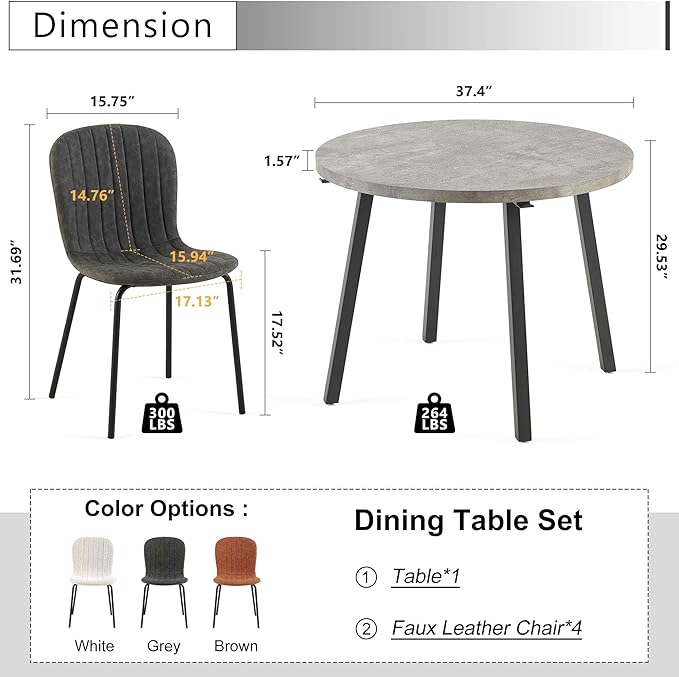 Round Dining Table Set for 4 with PU Leather Chairs - Modern Kitchen Table and Chairs Set for Small Spaces - Dark Grey