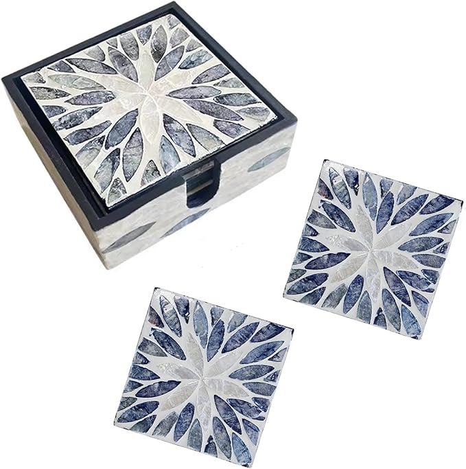I-lan 6 Pack Mother of Pearl Square Decorative Coaster Set with Holder, Dark Grey Seashell Inlay Square Cup Holder with Shine, Decorative Coasters Capiz Shell Trivet for Coffee Table, 4 Inch