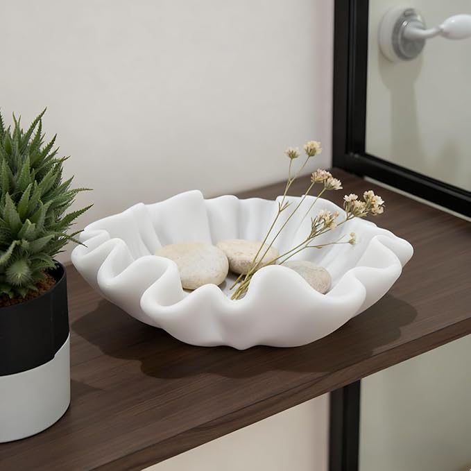 10" Large Handmade Decorative Bowl decor , Handicraft Scalloped Bowls for Modern Home Decor,Ruffle Decor,Key Bowl for Entry Table,Decorative Fruit Bowl for Kitchen Counter,Artificial Stone Milky White