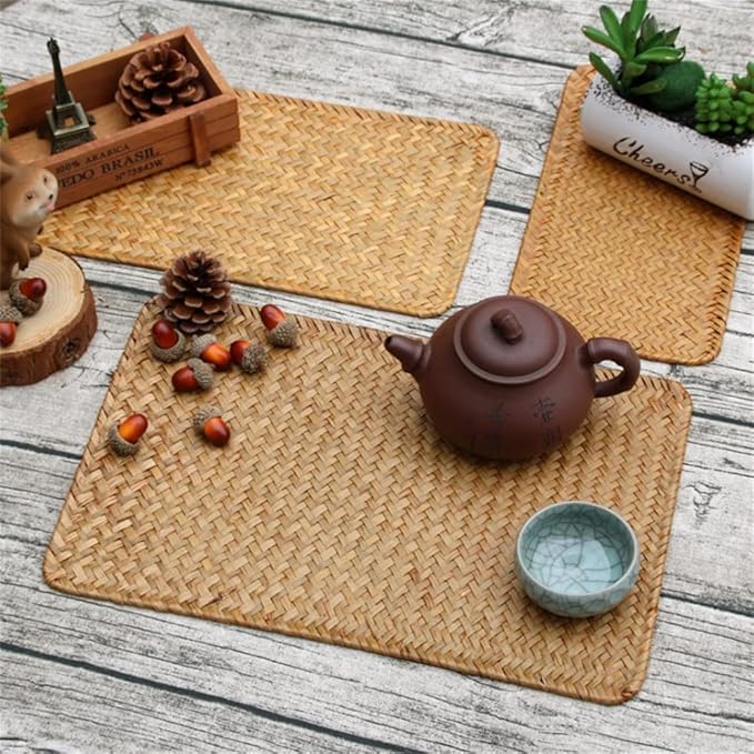 Natural Woven Rattan Rectangular Placemats for Dining Table (Set of 6, 18x12inches)