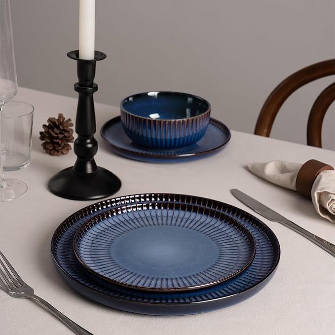 Famiware Starlight Plates and Bowls Dishes Set of 4 (12 Pieces), Ribbed Textured Stoneware Dinnerware Sets- Dishwasher & Microwave Safe, Chip & Scratch Resistant, Starry Blue