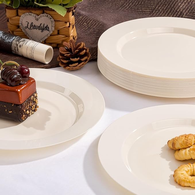 I00000 100 Pcs Ivory Plastic Plates,10inch Cream Dinner Plate, Elegant Disposable Plates Perfect for Birthday, Party,Wedding, Baby & Bridal Shower (100 Guests)