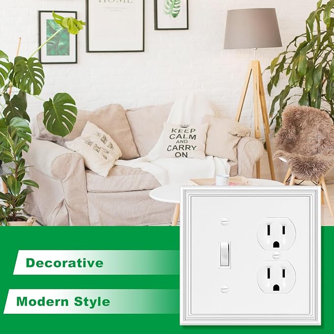 White Modern Decorative Wall Plate Light Switch Cover Decorator Outlet Covers Rocker Switch Plates Bamboo Fiber Material Wall Plates for Kitchen Bathroom (2 Gang Toggle/Duplex-2 Pack)