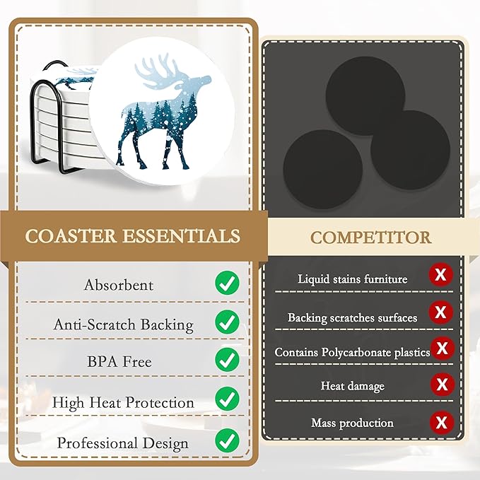 Drink Coasters with Holder,6 Pcs Deer Misty Forest Absorbent Ceramic Coasters with Cork Base,Cute Funny Table Drinks Coasters,Table Home Decor,4 Inches