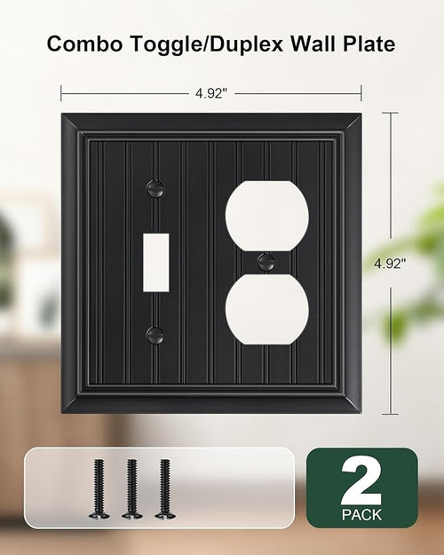2-Pack Classic Beadboard Combo Toggle/Duplex Light Switch Cover Plate, Matte Black Outlet Cover Plate, Natural Bamboo Fiber Decorative Wall Receptacle Cover for Electrical Outlets, Light Switch