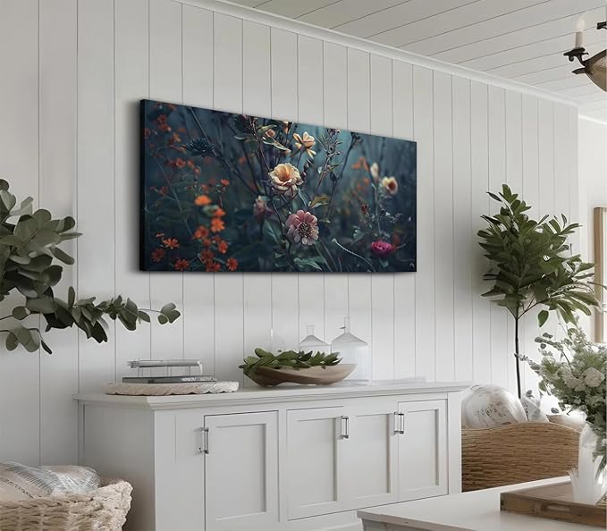 ADJUVANT Wall Art Impressionist Floral 48"L x 24"W, Dark Toned Blossoms With Lush Foliage Canvas Painting Enchanting Flowers Artwork Prints Floral Wall Decor for Living Room Bedroom Study Home Office