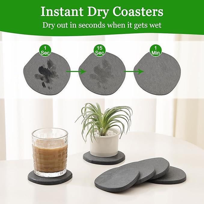 Diatomaceous Earth Coasters Set of 6 for Drinks, Moisture Water Absorbent Stone Coasters for Table Desk at Work, Water Absorbing Instant Drying Diatomite, Modern Deep Grey