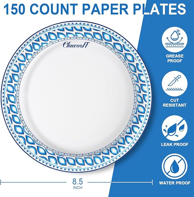 150 Count 8.5 Inch Paper Plates Bulk, Cut Proof Heavy Duty Paper Plates, Soak Proof Dessert Plate, Disposable Dinner Plate for Party, Birthday and Picnic
