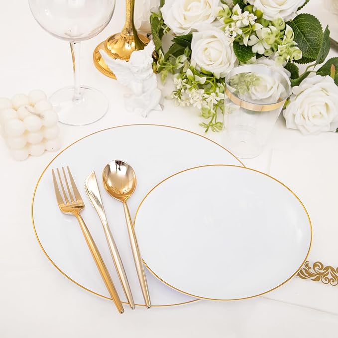 MirthMood 210Pcs Disposable Plastic Plates Set, Gold and White Plastic Party Plates, Includes:30 Dinner Plates, 30 Dessert Dinnerware, 30 Cups, 30 Napkin Cutlery for Spring Wedding,Birthday Party