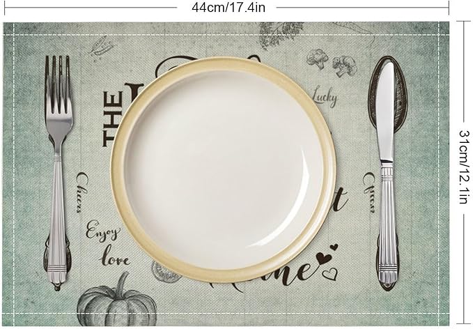 Retro Farmhouse Placemat Set, Minimal Green Gradient Rustic Plank Art Sketch Cutlery Knife Fork Inspirational Quotes Pattern Home Decor Linen Table Mats for Dining Room Kitchen Party (17x12in) x2P