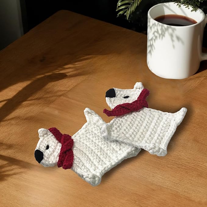 UMIRRO Handwoven Drink Coasters for Coffee Table, Gifts for Dog Lovers, Cute Home Kitchen Decor for Room, Dog Themed Birthday Party Decorations - White Puppy with Red Scarf, Set of 2