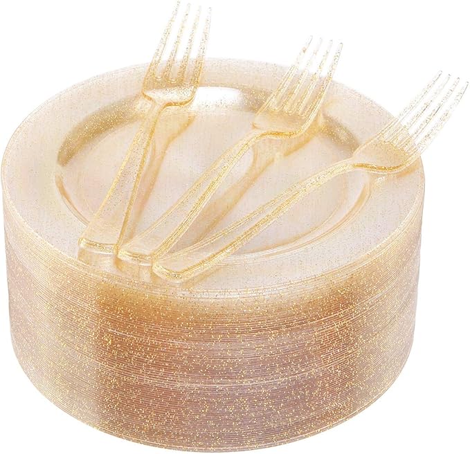 I00000 72 Pieces Plastic Dessert Plates 7.5" & 72 Pieces Gold Disposable Forks 7.4" with Gold Glitter, Gold Disposable Plates, Plastic Salad Plates for Birthday, Wedding & Party