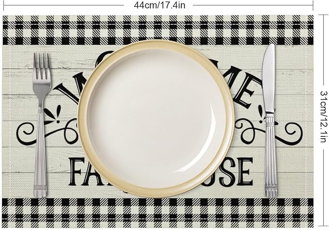 Vintage Farmhouse Placemat Set, Rustic Minimal Black White Check Inspirational Quotes Sketch Sunflower Pattern Home Decoration Linen Table Mats for Dining Room Kitchen Party (17x12in) x2P