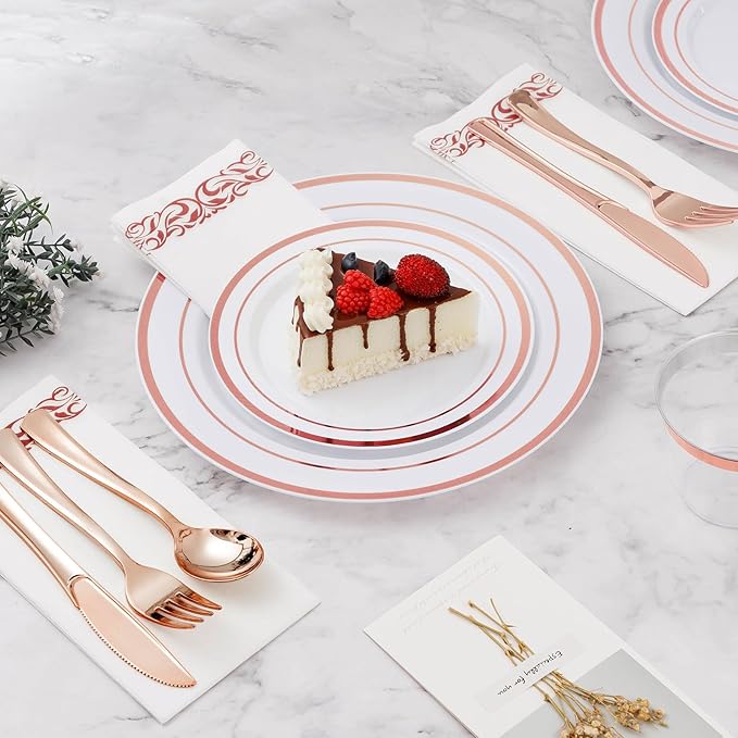 BESTVIP 350PCS Rose Gold Disposable Dinnerware Set for 50 Guests, Plastic Plates for Party, Wedding, Christmas, Include: 100 Plastic Plates, 50 Silver Silverware, 50 Cups, 50 Napkins