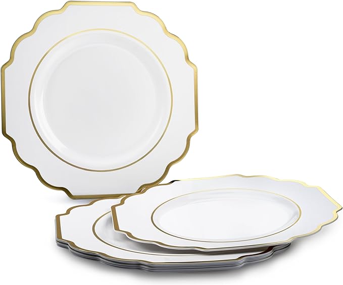 " OCCASIONS " 50 Plates Pack (25 Guests)-Heavyweight Wedding Party Disposable Plastic Plate Set -(25x10.5'' Dinner + 25x8'' Salad/Dessert) (Imperial White & Gold)