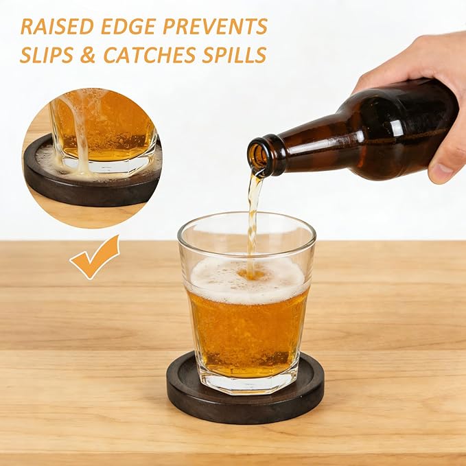 Wooden Coasters for Drinks Set of 6 with Holder, Handicrafted Solid Wood Coasters, Minimalist Tabletop Protection for Coffee Table, Rustic Home Decor & Housewarming Gift