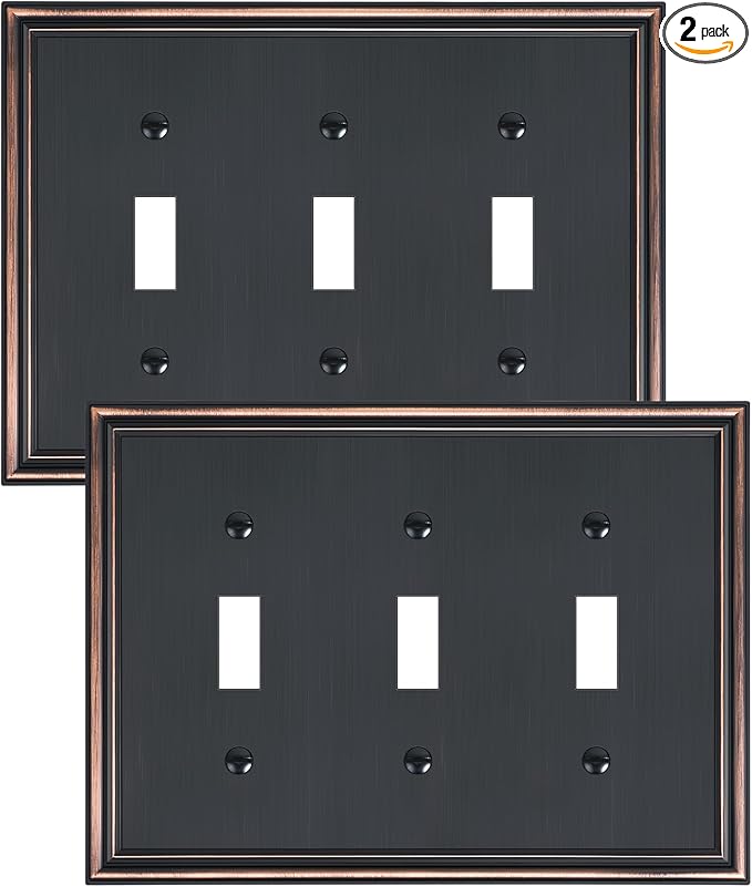 2-Pack Triple Toggle Light Switch Cover Plate, Durable Solid Zinc Alloy Decorative Switch Plate Covers, Aged Bronze 3 Gang Wall Plate, Corrosion Resistant