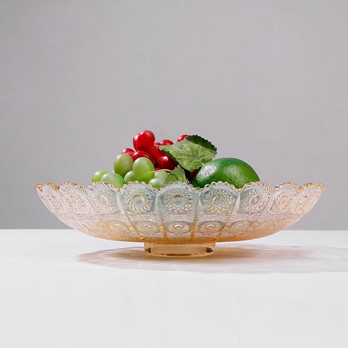 Unique Gold Flower-Shaped Crystal Glass Decorative Footed Bowl -10.6 inch Diameter, Tabletop Fruit Plates Dessert Plate Cake Plate,Candy Tray,Wedding Home Decor.