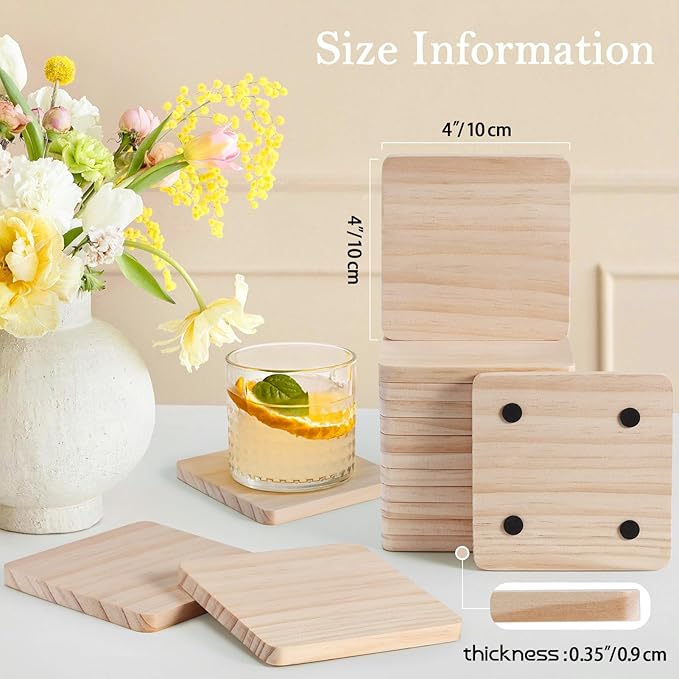 60 Pieces Unfinished Wood Coasters, GOH DODD 4 Inch Wooden Blanks with Non-Slip Pads for Laser Engraving Wood Burning Staining Painting Decoupage Housewarming Gifts Wedding Crafts Education, Square