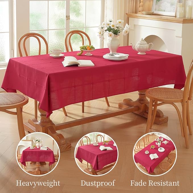 Zobesta Linen Table Cloth Rectangle Table 120 x 53 Inch, Cotton Red Linen Tablecloth Rectangle Heavy Weight Washable Farmhouse Soft Boho Tablecloth for Outdoor, Party, Holiday, Picnic, Dining
