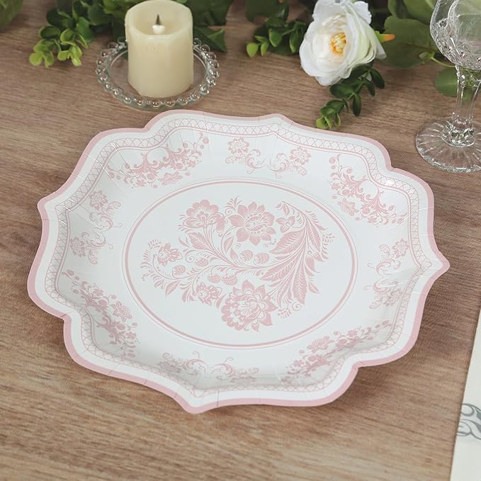 50 Pack 10" White Pink French Toile Dinner Plates, Disposable Round Paper Party Plates 300 GSM for Festive Table Decoration