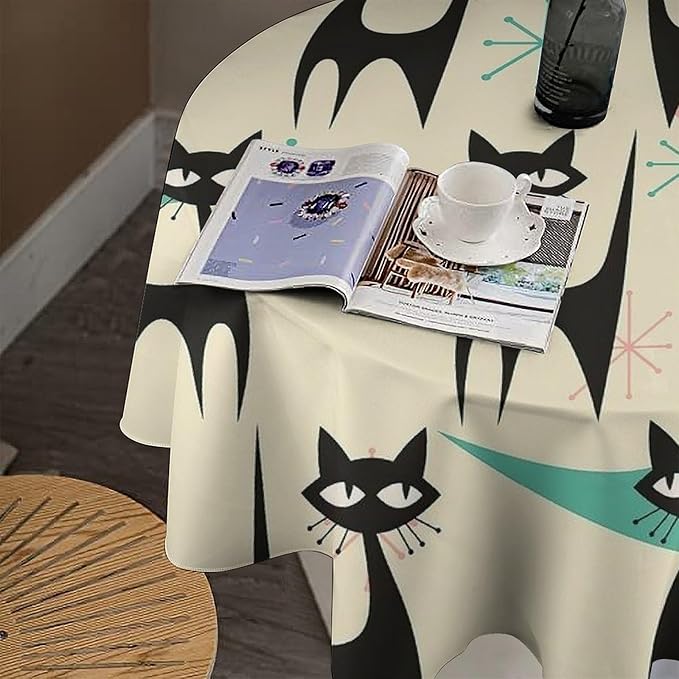 Mid Century Colorful Modern Cat Round Tablecloth, Medieval Bohemian Abstract Animal Tablecloth for Home Party Dining Room Kitchen Decor 70Inch(178cm)