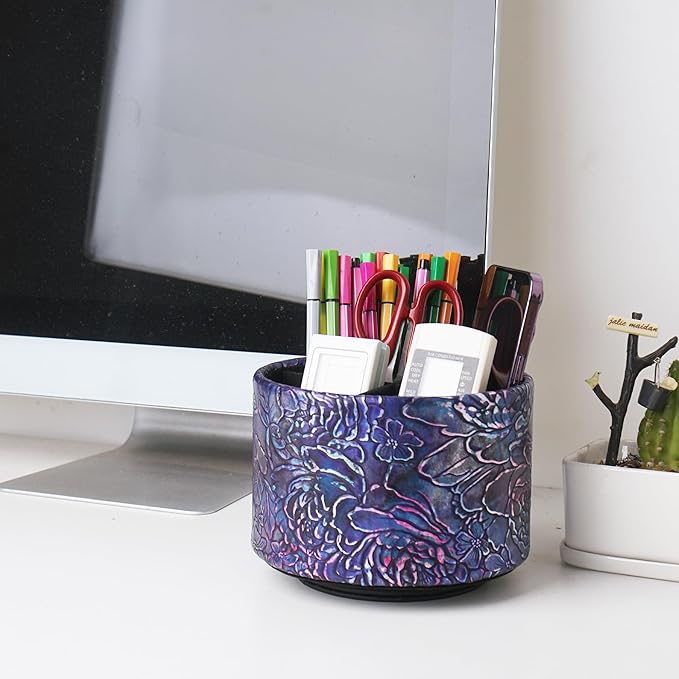 Round Leather Art Supply Organizer,Remote Control Holder,360 Degree Spinning,Multi-Functional Pencil Holder,4 Compartments Desktop Stationary Organizer(1-Rich Flower Purple)