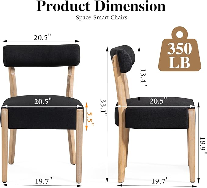 Dining Chairs Set of 4, Mid-Century Modern Wooden Kitchen Chairs with Linen Upholstery - Low-Back Woven Design for Kitchen & Dining Room,Black Fabric