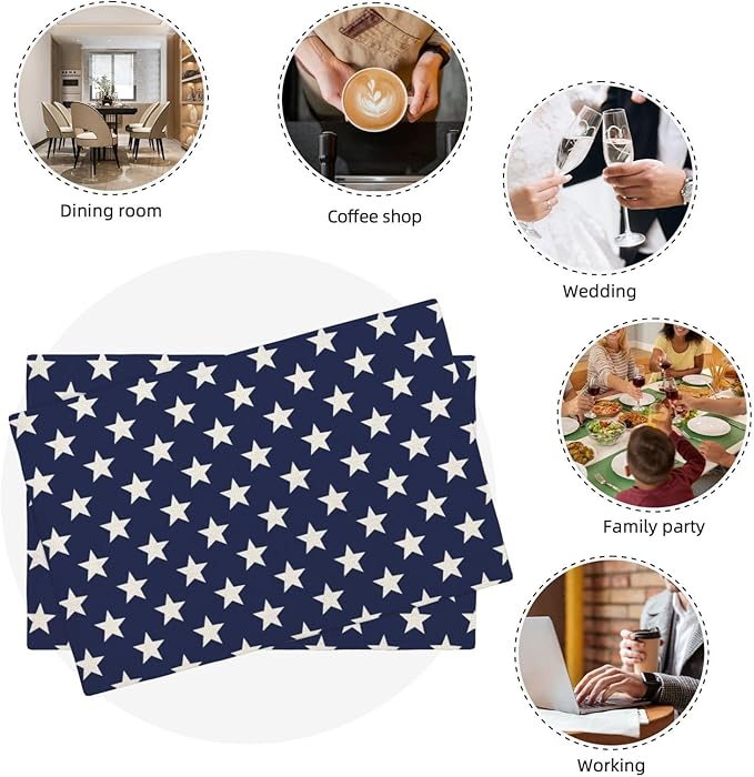 Independence Day Placemats 12x18 Inches Set of 4, 4th of July Blue Stars Placemats Summer Decorative Rectangle Star Table Mats for Party Home Kitchen Dining Table Decoration